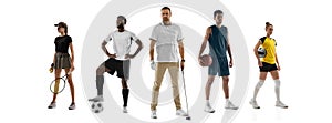Sport collage. Tennis, fitness, soccer football, boxing, golf, hockey players posing isolated on white studio background