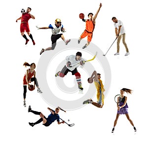 Sport collage. Tennis, running, badminton, soccer and american football, basketball, handball, volleyball, golf, hockey