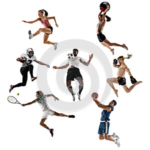 Sport collage. Tennis, running, badminton, soccer and american football, basketball, volleyball, boxing, MMA fighter.