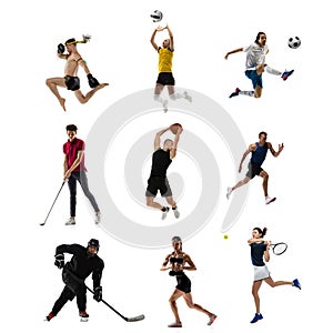 Sport collage. Tennis, running, soccer and american football, basketball, golf, volleyball, hockey and MMA fighter