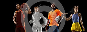 Sport collage. Tennis, soccer football, basketball, fencing players posing isolated on black studio background.