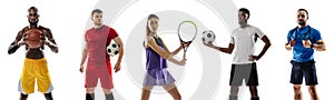 Sport collage. Tennis, soccer football, basketball, fitness players posing isolated on white studio background. Fit