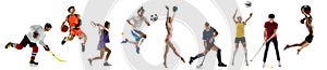 Sport collage. Tennis, soccer football, basketball players posing isolated on white studio background.