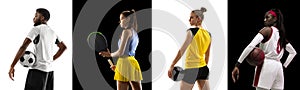 Sport collage. Tennis, soccer football, volleyball, basketball players posing isolated on white and black studio