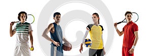 Sport collage. Tennis, volleyball, basketball players posing isolated on white studio background.
