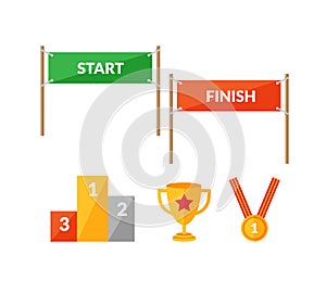 Sport competition flat icon set with Start Finish