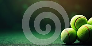 Sport Composition Tennis Ball On Tennis Grass Court, Green Background with Copy Space. Healthy Lifestyle Concept. AI generated