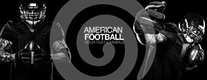 Sport concept. American football sportsman player on black background with copy space. Sport concept.