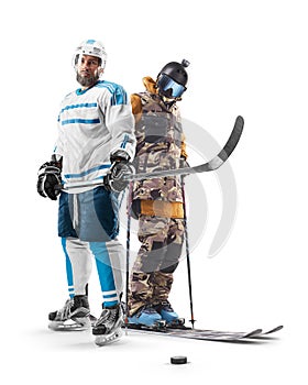 Sport concept. Hockey and skiing athletes. Winter sports. Professional athletes. Sport collage. Isolated in white