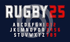 Sport condensed alphabet with outline contour, font for modern american football logo, rugby gridiron branding, sport