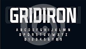 Sport condensed alphabet. Tall monumental font for modern american football logo. Typeset for rugby gridiron branding
