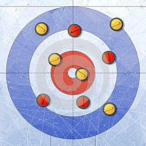 Sport. Curling stones on ice. Curling House. Playground for curling sport game. Red and yellow stones. Textures blue ice