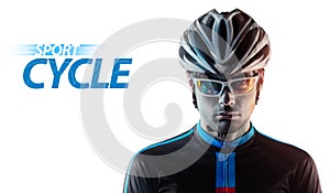 Sport. Cyclist carry a bike on white background.