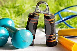 Sport diet and active healthy lifestyle springtime concept with outdoor exercise equipment