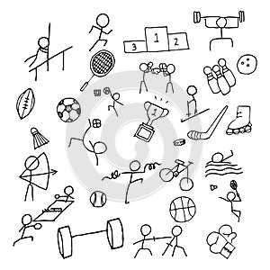 Sport Doodle art icon set. Thin line icon for Sea game and Olympic game. Hand drawn graphic design art. Exercise and Competition