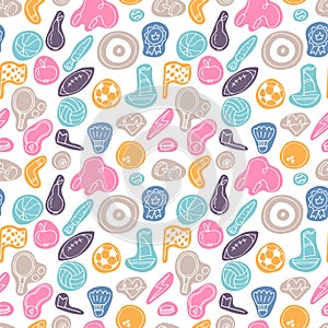 Sport doodle hand drawn seamless pattern. Sport equipments. Fitness, healthy lifestyle