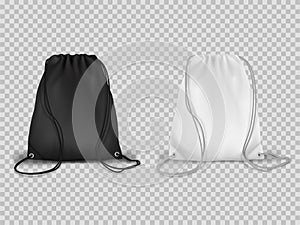 Sport drawstring backpacks realistic set. Cinch tote bags black and white.