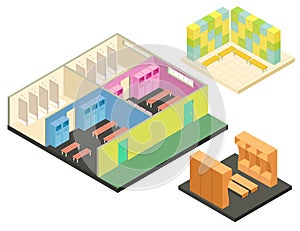 Sport dressing room icons set, isometric style