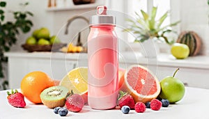 Sport drink bottle mockup with fruits on table, kitchen background