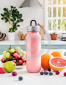 Sport drink bottle mockup with fruits on table, kitchen background