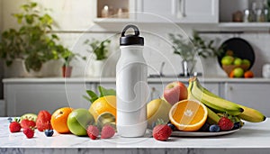 Sport drink bottle mockup with fruits on table, kitchen background