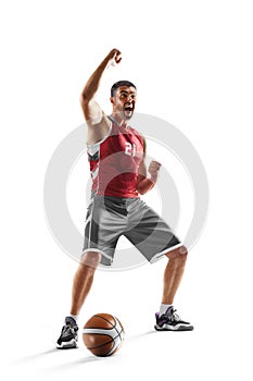 Sport emotion. Victory. Basketball. Basketball player in action. Isolated in white