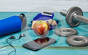 Sport Equipment. Dumbbells, Free Weights, Sport Gloves, Phone With Earphones
