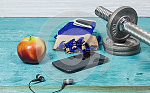 Sport Equipment. Dumbbells, Free Weights, Sport Gloves, Phone With Earphones