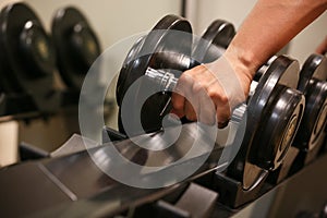 Sport equipment in fitness room or gym room, relax room for healthy people, Dumbbell in fitness and gym room