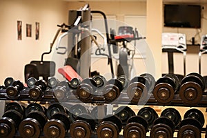 Sport equipment in fitness room or gym room, relax room for healthy people, Dumbbell in fitness and gym room