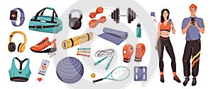 Sport equipment, gym accessory collection, athletic man, woman taking a seifie. Dumbbell, fitness ball, boxing gloves