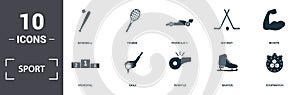 Sport Equipment icons set collection. Includes simple elements such as Football Ball, Baseball, Tennis, Racing Car, Hockey,