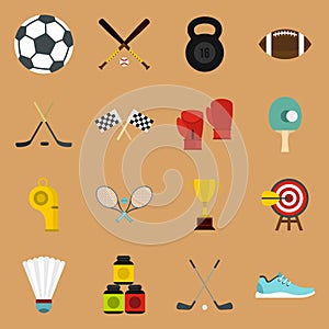 Sport equipment icons set, flat style