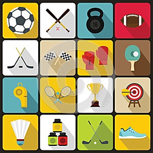 Sport equipment icons set, flat style