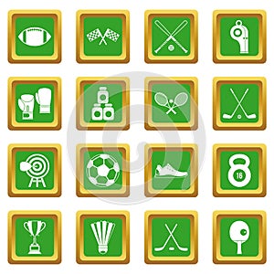 Sport equipment icons set green