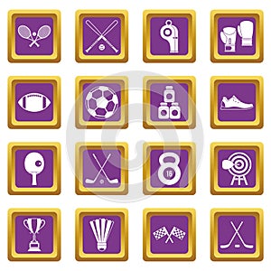 Sport equipment icons set purple