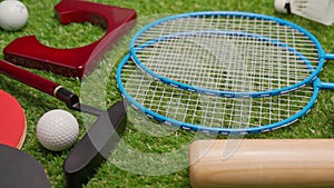 Sport equipment for mini golf, badminton, ping pong and baseball close up