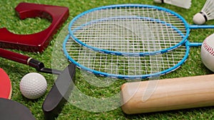 Sport equipment for mini golf, badminton, ping pong and baseball close up