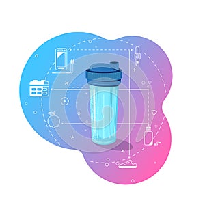 Sport equipment. Shaker with a blue cap on a multi-colored background and healthy lifestyle icons.