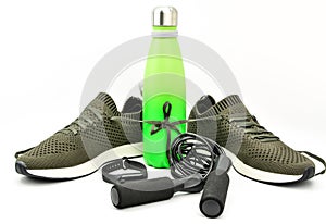 Sport equipment. Skipping rope sports shoes, water bottle, smart watch