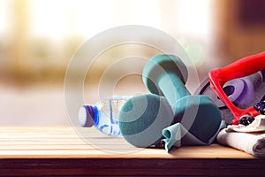 Sport equipment on wooden table