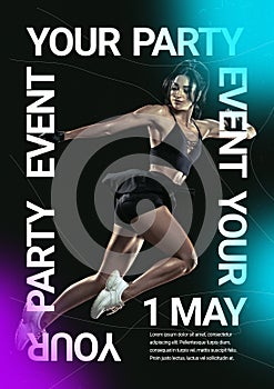 Sport event poster in neoned colors. Template, copyspace for your design