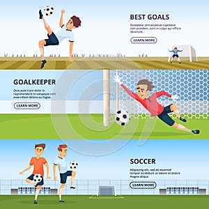 Sport events. Soccer characters playing football. Design template of horizontal banners