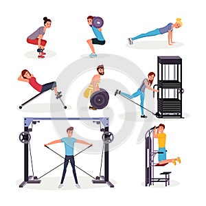 Sport exercises flat vector illustrations set. Cheerful young sportsmen and sportswomen working out cartoon characters