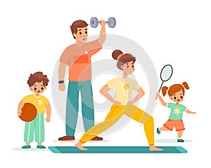 Sport family. Happy children and parents training, gymnastic, badminton and fitness, active leisure, couple and kids