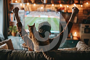 Sport fan cheering while a match winning with cat at home. Generative AI