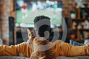 Sport fan cheering while a match winning with cat at home. Generative AI