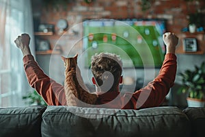 Sport fan cheering while a match winning with cat at home. Generative AI