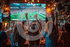 Sport fans cheering a football or soccer in a restaurant while team wining. Generative AI