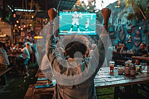 Sport fans cheering a football or soccer in a restaurant while team wining. Generative AI